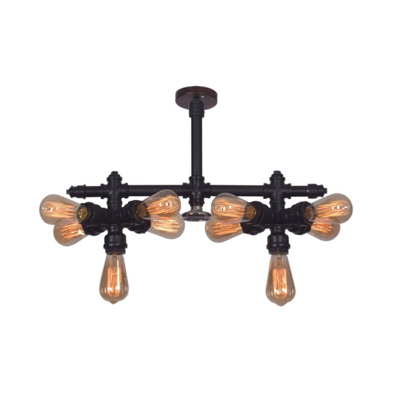 Steampunk Open Bulb Semi Flush Light - 10-Light Metallic Ceiling Fixture In Black