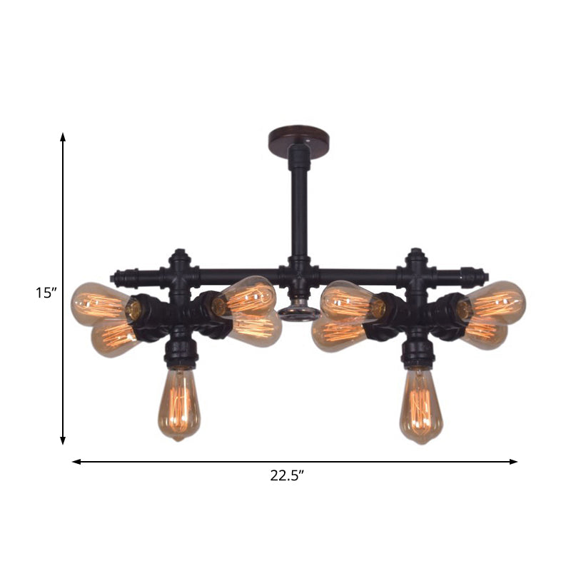 Steampunk Open Bulb Semi Flush Light - 10-Light Metallic Ceiling Fixture In Black