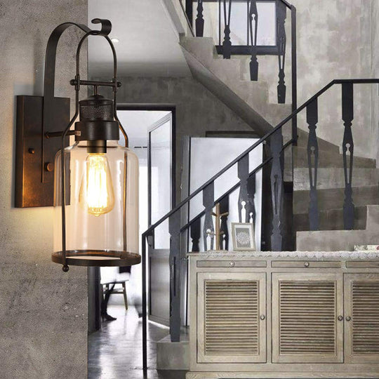 Industrial Clear Glass Wall Sconce With Cage And 1 Light