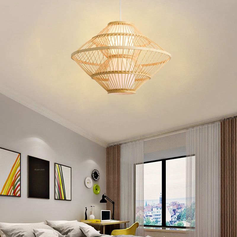 16/19.5 Asian Style Bamboo Weaving Pendant Lamp - 1 Light Beige Fixture For Living Room / 16