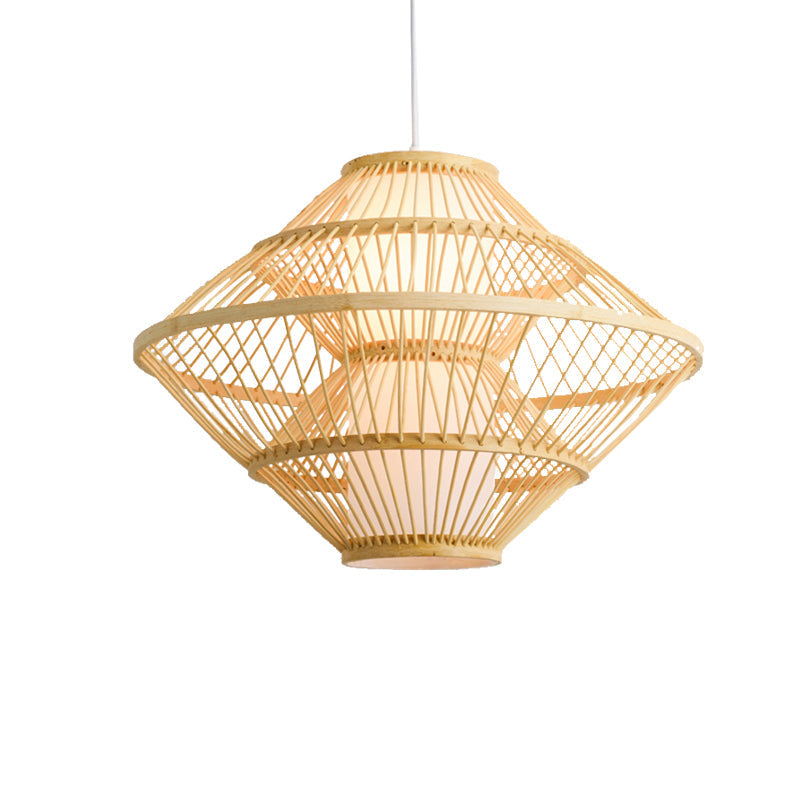 16/19.5 Asian Style Bamboo Weaving Pendant Lamp - 1 Light Beige Fixture For Living Room