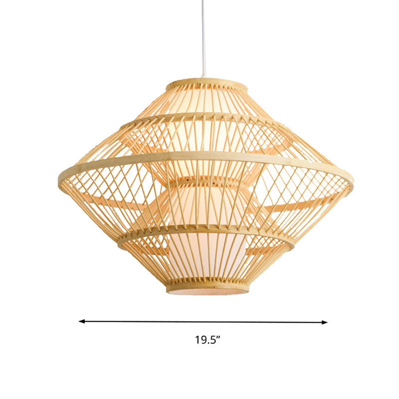 16/19.5 Asian Style Bamboo Weaving Pendant Lamp - 1 Light Beige Fixture For Living Room