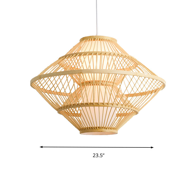 16/19.5 Asian Style Bamboo Weaving Pendant Lamp - 1 Light Beige Fixture For Living Room