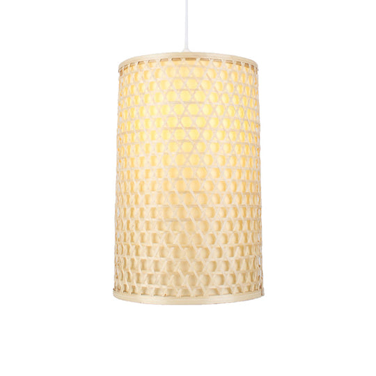 Modern Bamboo Pendant Lamp For Dining Room - Cylindrical Hanging Ceiling Light 1 Head Beige