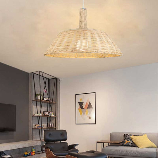 Rustic Hand-Woven Pendant Light With Barn Shade Rattan - 15/19 W Indoor Suspension Lamp In Beige