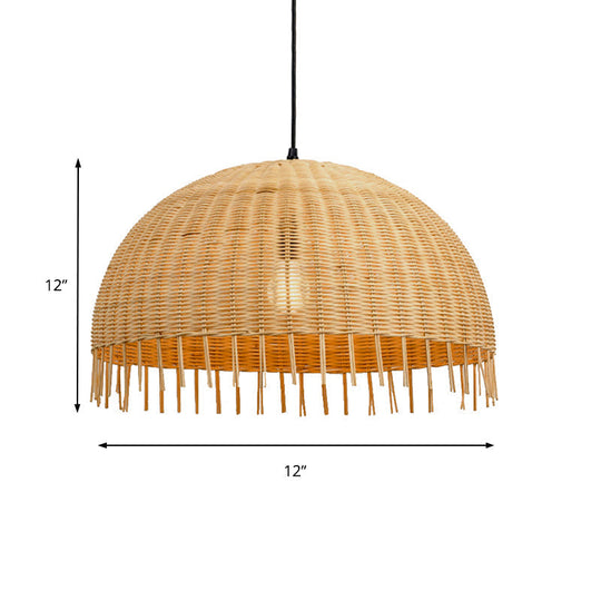 Modern Beige Hand-Woven Rattan Pendant Light With Dome Shade - 12/16 W 1 Head Hanging Lamp