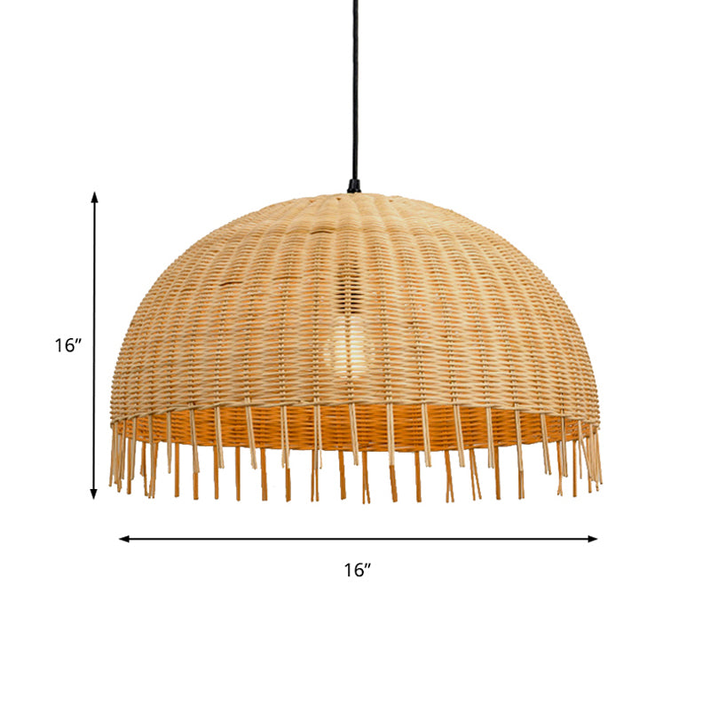 Modern Beige Hand-Woven Rattan Pendant Light With Dome Shade - 12/16 W 1 Head Hanging Lamp