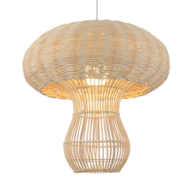 1-Light Asian Style Hallway Hanging Pendant Light With Rattan Mushroom Shade - Brown/Beige