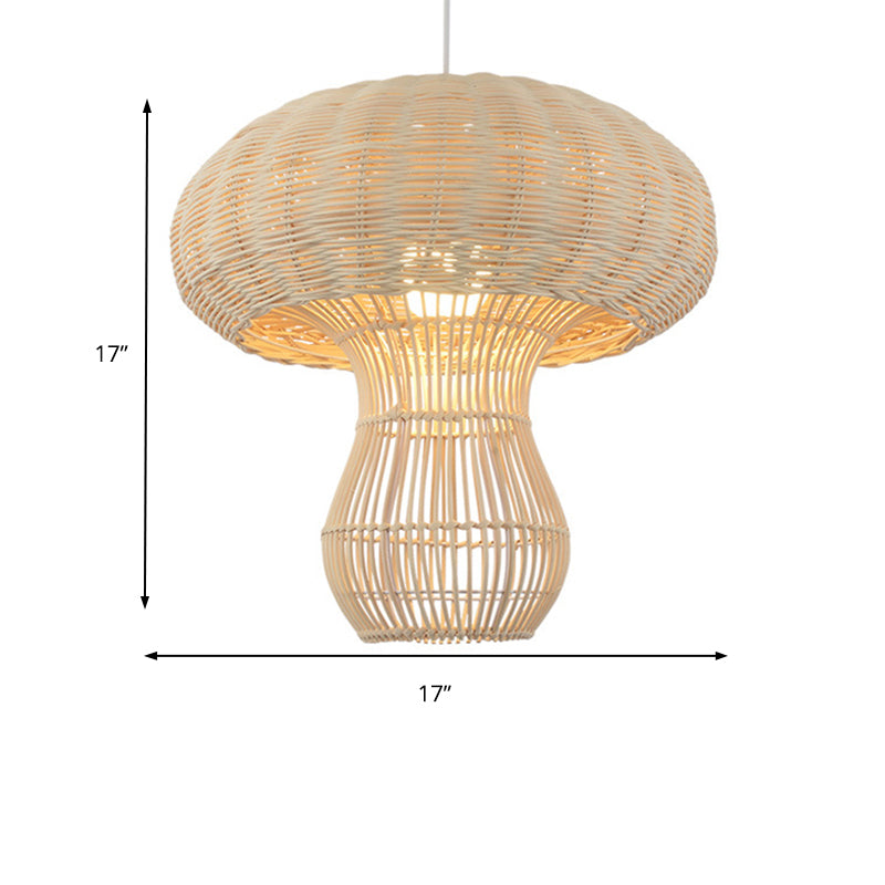 1-Light Asian Style Hallway Hanging Pendant Light With Rattan Mushroom Shade - Brown/Beige