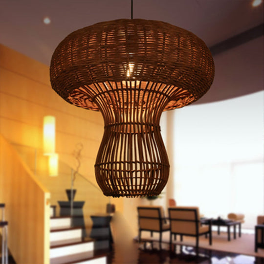 1-Light Asian Style Hallway Hanging Pendant Light With Rattan Mushroom Shade - Brown/Beige