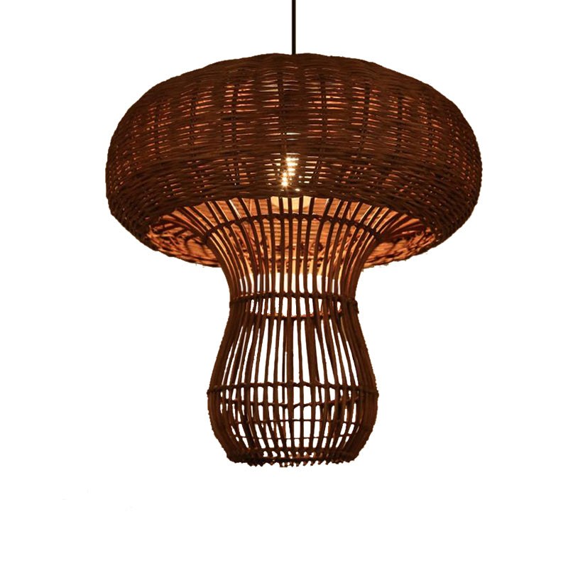 1-Light Asian Style Hallway Hanging Pendant Light With Rattan Mushroom Shade - Brown/Beige