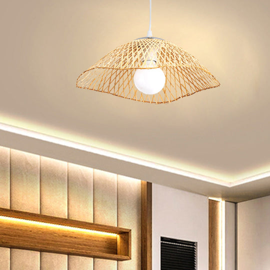 Hand-Knitted Bamboo Pendant Light - Asian Style 1 Head Beige Hanging Lamp For Living Room 14/18 W