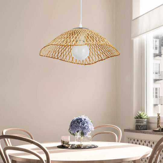 Hand-Knitted Bamboo Pendant Light - Asian Style 1 Head Beige Hanging Lamp For Living Room 14/18 W