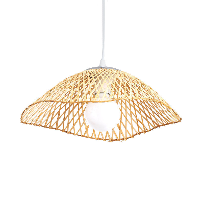 Hand-Knitted Bamboo Pendant Light - Asian Style 1 Head Beige Hanging Lamp For Living Room 14/18 W