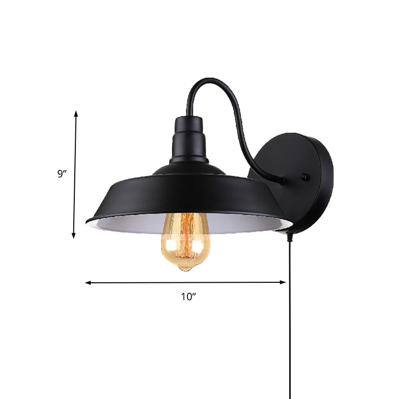 Barn Industrial Metal Wall Light Fixture - 1-Light Black Sconce With Gooseneck Arm And Plug-In Cord