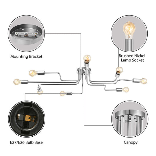 Vintage Metallic Semi Flush Light with Sputnik Design in Antique Brass/Black - Exposed Ceiling Flush Mount, 4/6-Light