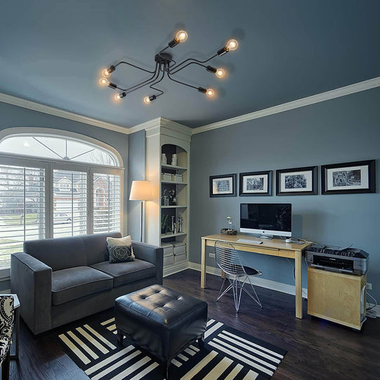 Vintage Metallic Semi Flush Light with Sputnik Design in Antique Brass/Black - Exposed Ceiling Flush Mount, 4/6-Light