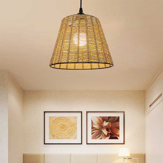 Modern Woven Rattan Pendant Lamp - Beige Bucket Hanging Light Fixture 1-Light Indoor