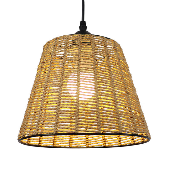 Modern Woven Rattan Pendant Lamp - Beige Bucket Hanging Light Fixture 1-Light Indoor