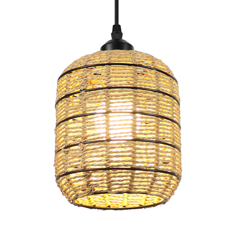 Asian Woven Rattan Lantern Suspension Pendant - Beige Single Light Lamp For Bedroom