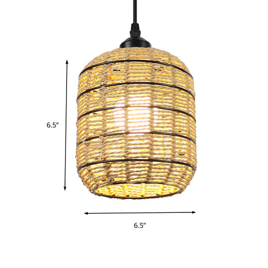 Asian Woven Rattan Lantern Suspension Pendant - Beige Single Light Lamp For Bedroom