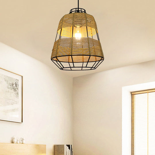 Chinese Straw Rope Barrel Metal Cage Hanging Lamp - 1-Light Beige Drop Ceiling Light Ideal For