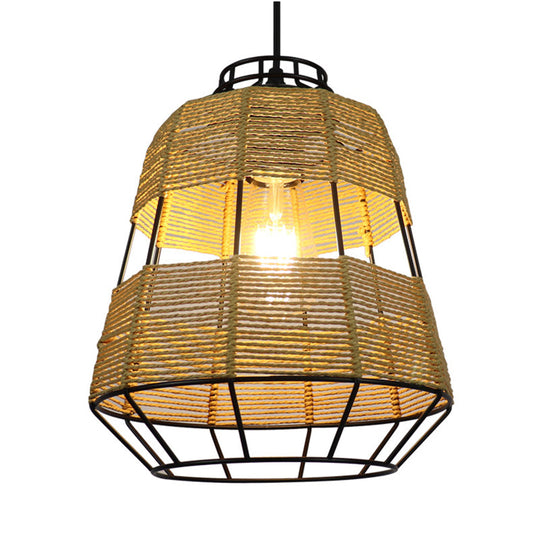 Chinese Straw Rope Barrel Metal Cage Hanging Lamp - 1-Light Beige Drop Ceiling Light Ideal For