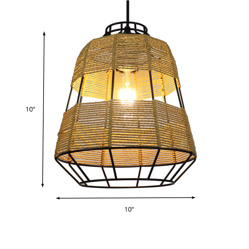 Chinese Straw Rope Barrel Metal Cage Hanging Lamp - 1-Light Beige Drop Ceiling Light Ideal For