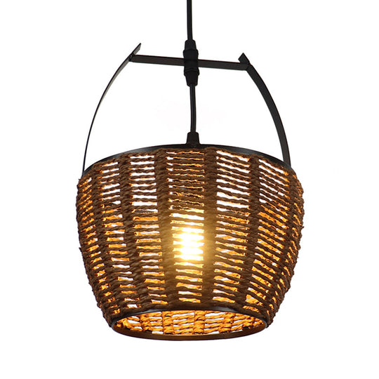 Rustic Hand-Woven Rattan Bucket Pendant Light - One Bulb Hanging Lamp In Brown For Living Room