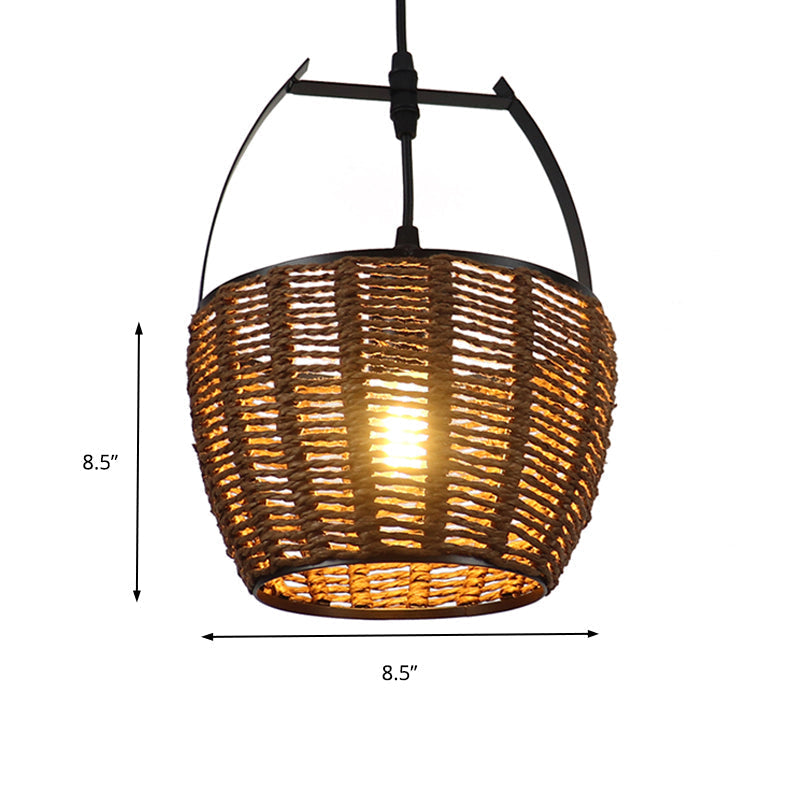 Rustic Hand-Woven Rattan Bucket Pendant Light - One Bulb Hanging Lamp In Brown For Living Room