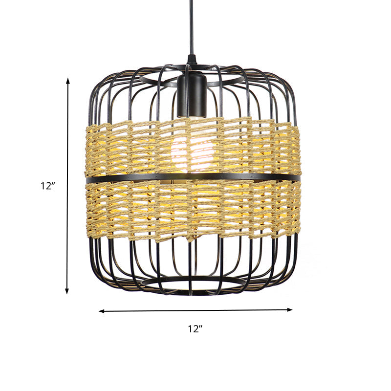 Modern Straw Rope 1-Light Beige Metal Cage Pendant Lamp For Bedroom & Restaurant