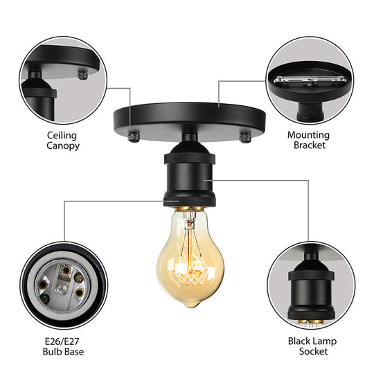 Retro Industrial Metal Black/Brass Finish Ceiling Lighting - Exposed Bulb Semi Flush Mount Light for Balcony- 1 Light