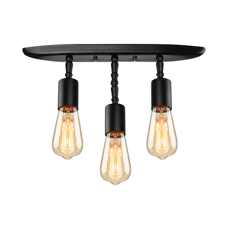 Farmhouse Style Iron Semi Flush Mount Ceiling Light Fixture - Open Bulb Design, 3 Lights, Black Lighting for Bedroom