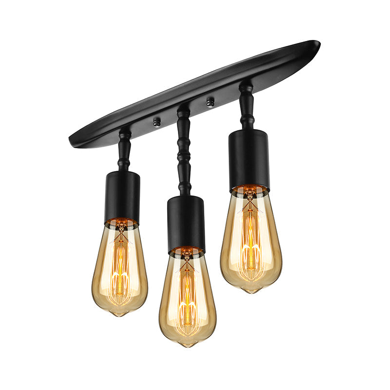 Farmhouse Style Iron Semi Flush Mount Ceiling Light Fixture - Open Bulb Design 3 Lights Black