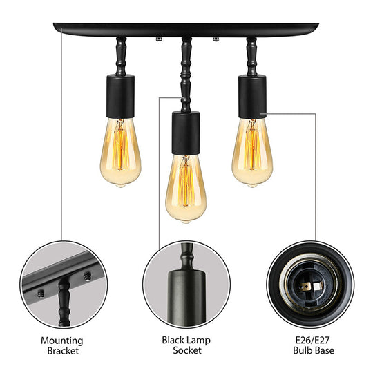 Farmhouse Style Iron Semi Flush Mount Ceiling Light Fixture - Open Bulb Design, 3 Lights, Black Lighting for Bedroom