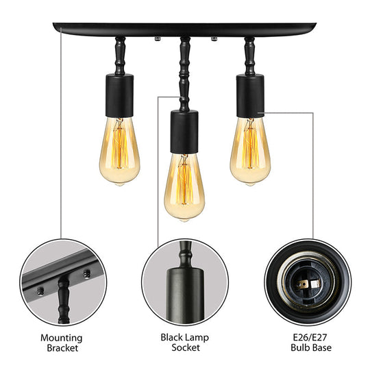 Farmhouse Style Iron Semi Flush Mount Ceiling Light Fixture - Open Bulb Design 3 Lights Black