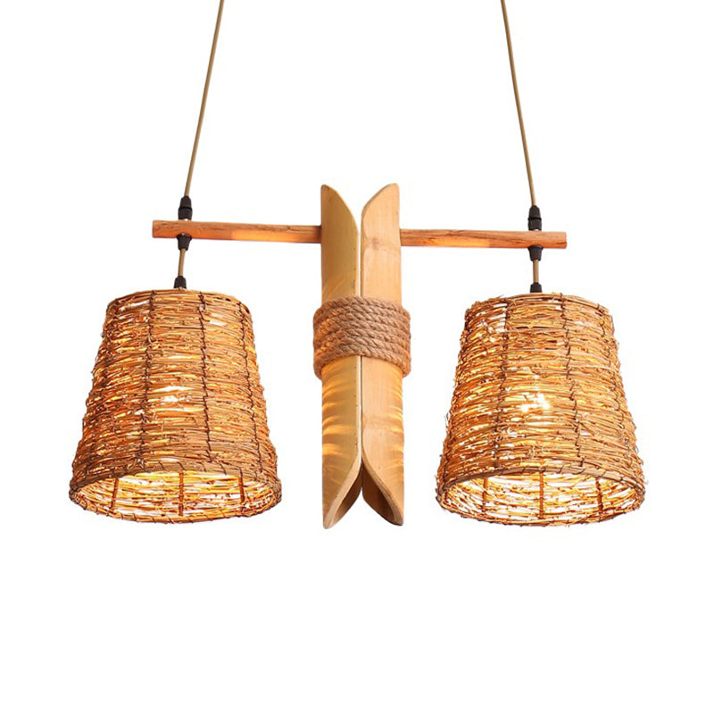 Rustic Rattan Shade Pendant Light Fixture - 2 Bulbs Countryside Island Lighting With Bamboo Design