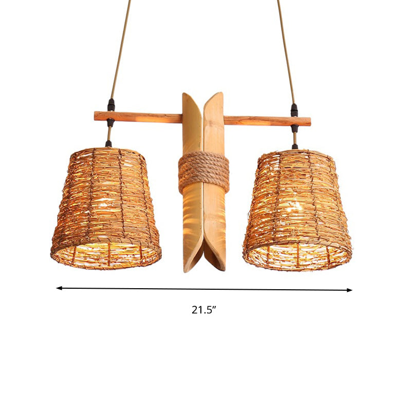 Rustic Rattan Shade Pendant Light Fixture - 2 Bulbs Countryside Island Lighting With Bamboo Design