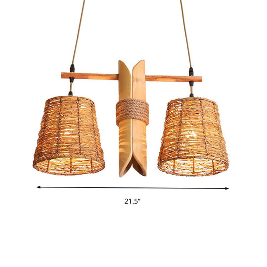 Rustic Rattan Shade Pendant Light Fixture - 2 Bulbs Countryside Island Lighting With Bamboo Design