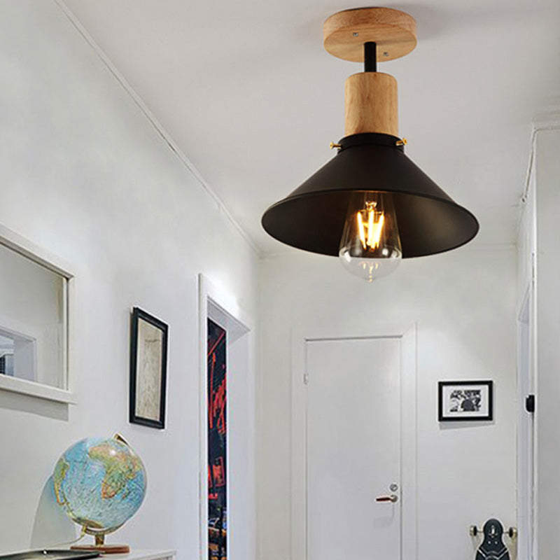 Conic Metal Semi-Flush Mount Foyer Ceiling Light With Wooden Canopy - Loft Style 1 Bulb 8/10 Wide