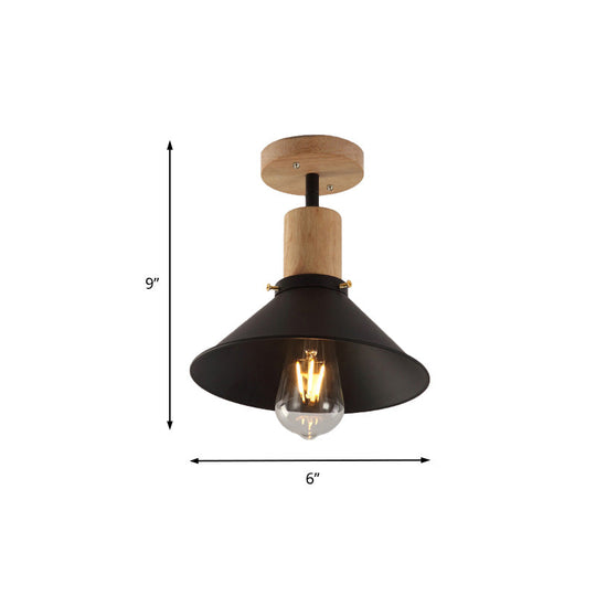 Conic Metal Semi-Flush Mount Foyer Ceiling Light with Wooden Canopy - Loft Style, 1 Bulb, 8"/10" Wide, Black