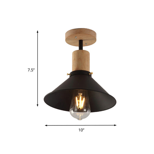 Conic Metal Semi-Flush Mount Foyer Ceiling Light with Wooden Canopy - Loft Style, 1 Bulb, 8"/10" Wide, Black