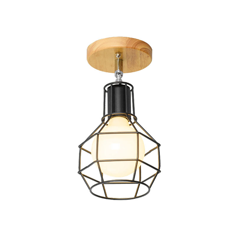 Retro Industrial Metal Semi Flush Light: Mini Triangle/Urn Design With Wire Guard - 1 Head Bedroom