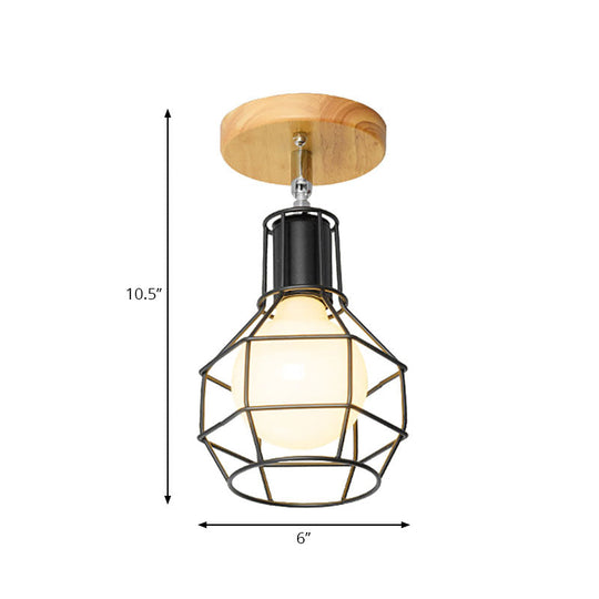 Retro Industrial Metal Semi Flush Light: Mini Triangle/Urn Design with Wire Guard - 1 Head Bedroom Ceiling Fixture