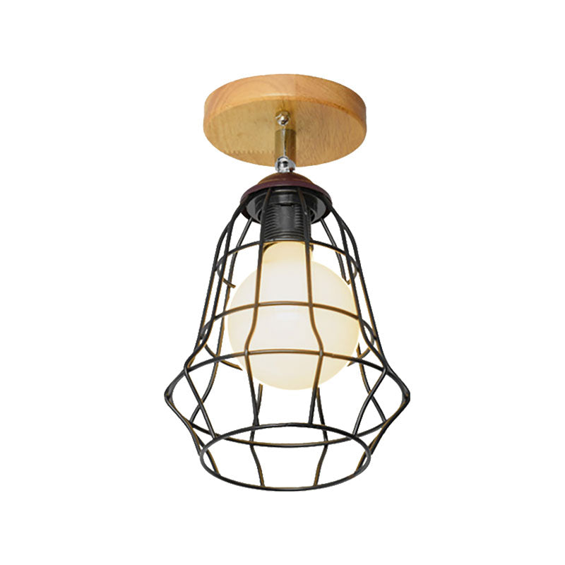 Retro Industrial Metal Semi Flush Light: Mini Triangle/Urn Design with Wire Guard - 1 Head Bedroom Ceiling Fixture