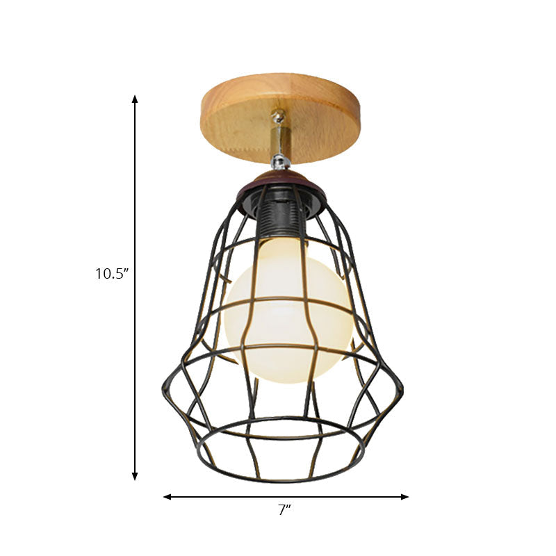 Retro Industrial Metal Semi Flush Light: Mini Triangle/Urn Design with Wire Guard - 1 Head Bedroom Ceiling Fixture