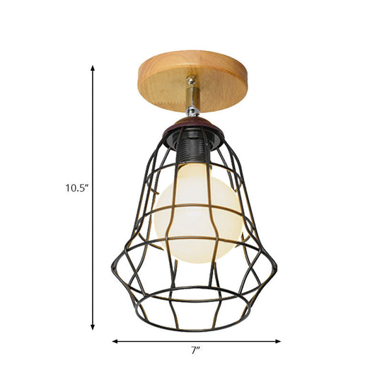 Retro Industrial Metal Semi Flush Light: Mini Triangle/Urn Design with Wire Guard - 1 Head Bedroom Ceiling Fixture