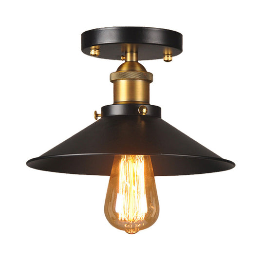 9.5"-10" Dia Flat Shade Ceiling Mounted Light: Industrial Metallic Single Head Flush Light in Black