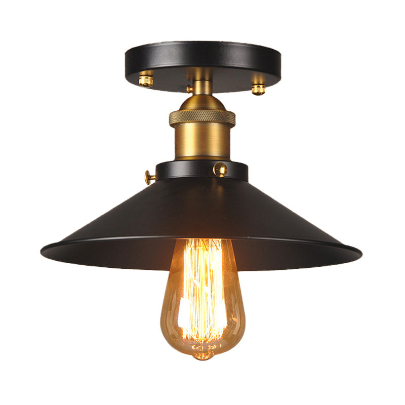 9.5-10 Dia Flat Shade Ceiling Mounted Light: Industrial Metallic Single Head Flush Light In Black