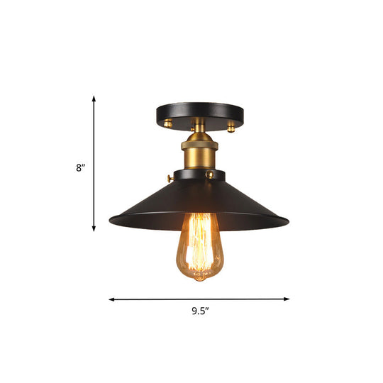 9.5"-10" Dia Flat Shade Ceiling Mounted Light: Industrial Metallic Single Head Flush Light in Black